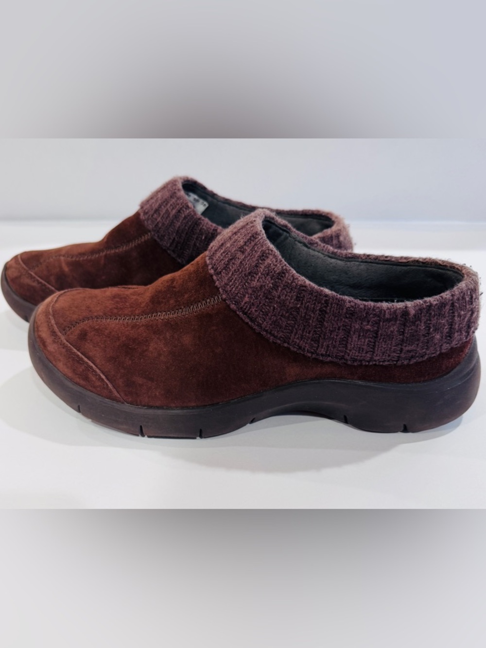Dansko Kenzie Brown Leather Suede Clogs with Knit Sweater Collar